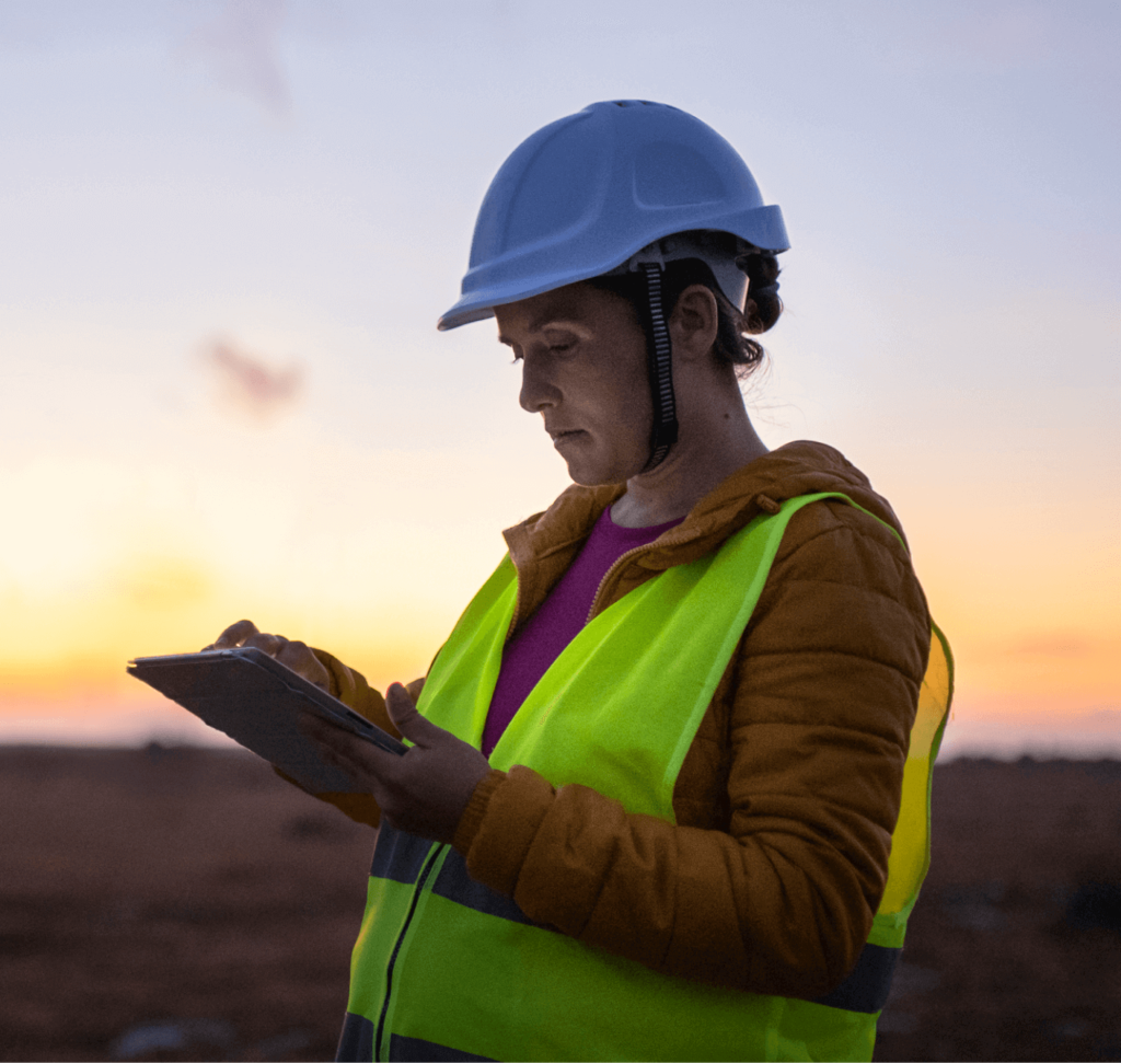 enterprise project management construction worker with a tablet in a rural area