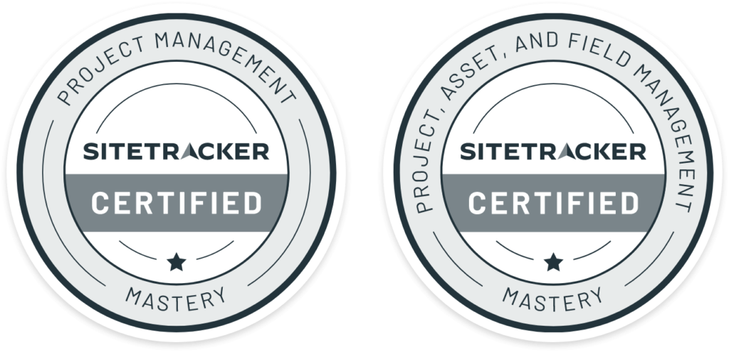 Sitetracker certification badges: 1 for project management and 1 for project, asset, and field management