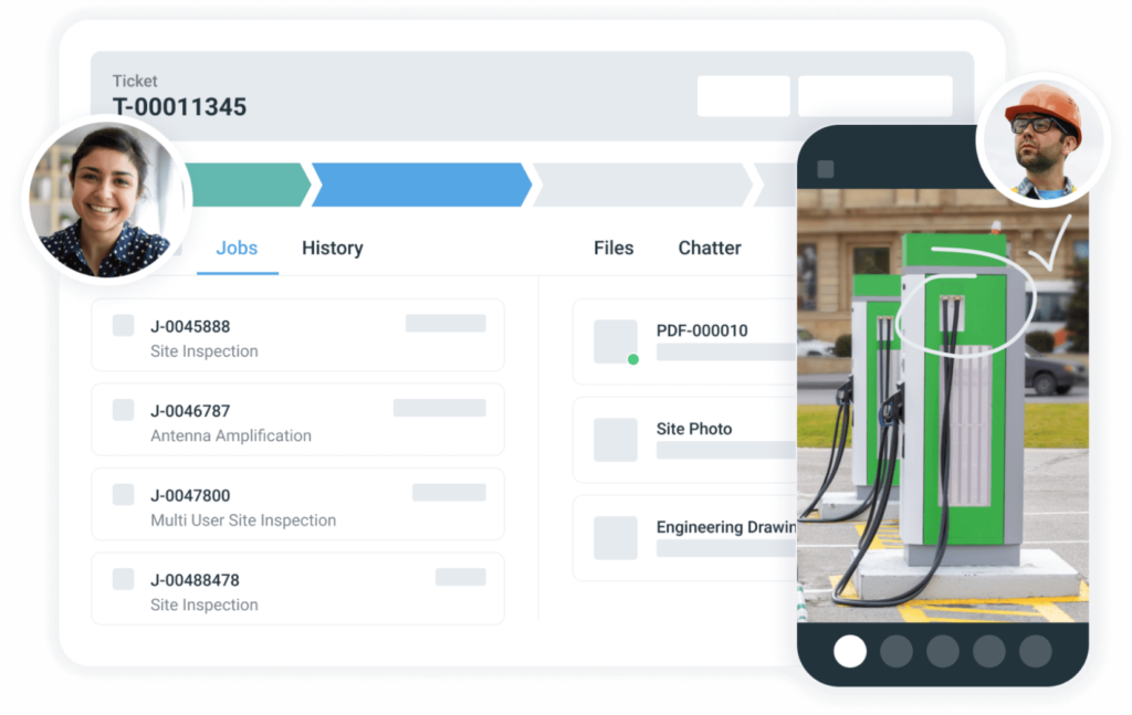 A mockup of Sitetracker's work management software on desktop and a mobile device with small pictures of a female professional and a male field technician