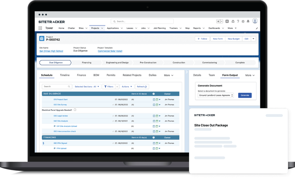 Sitetracker screenshot on a laptop of a tower project schedule