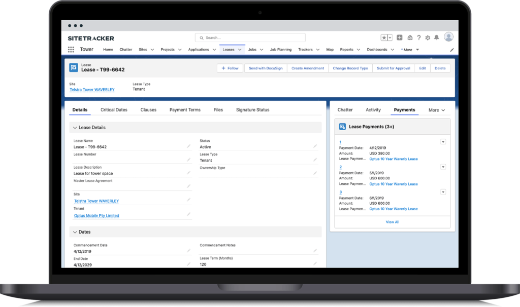 Sitetracker screenshot on a laptop of a tower project lease