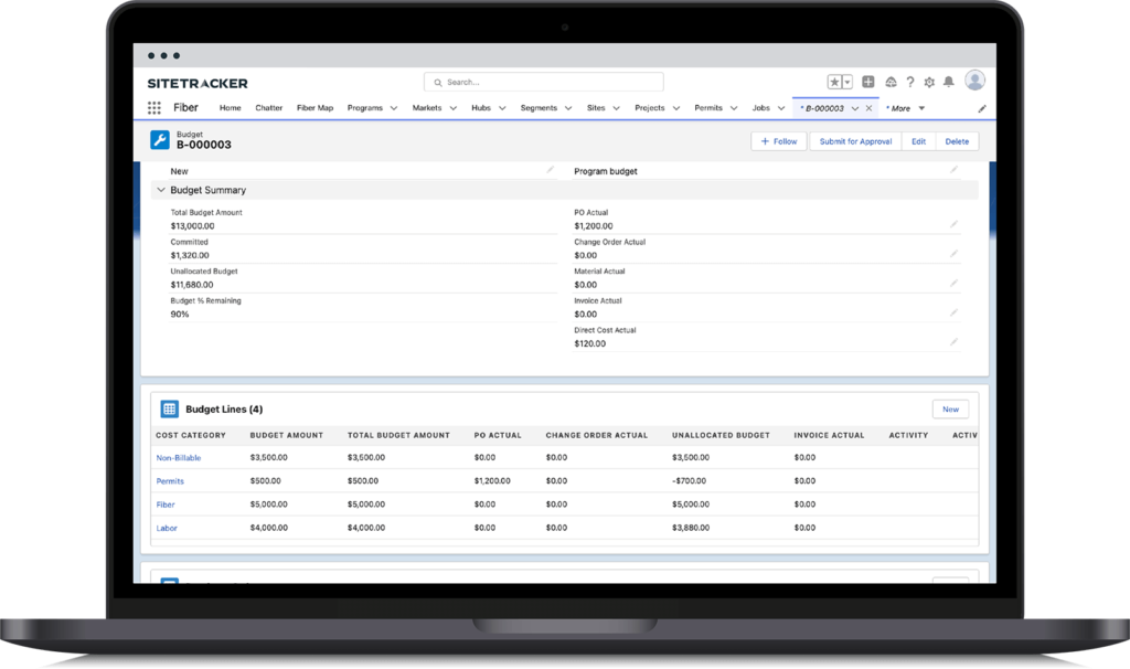 Sitetracker financial management screenshot on a laptop