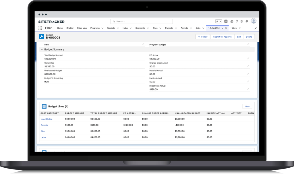 Sitetracker budget planning screenshot