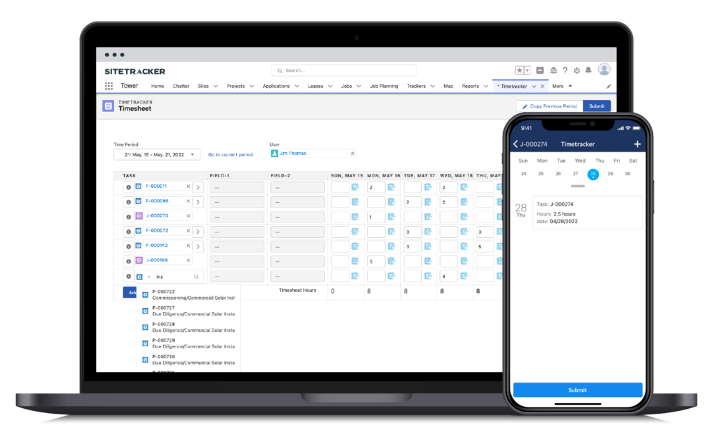 Sitetracker timetracker screenshot on a laptop and cellphone