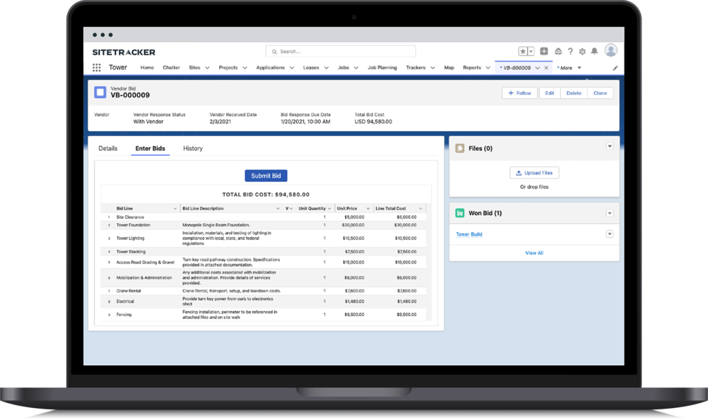 Sitetracker screenshot on a laptop of a tower project vendor bid