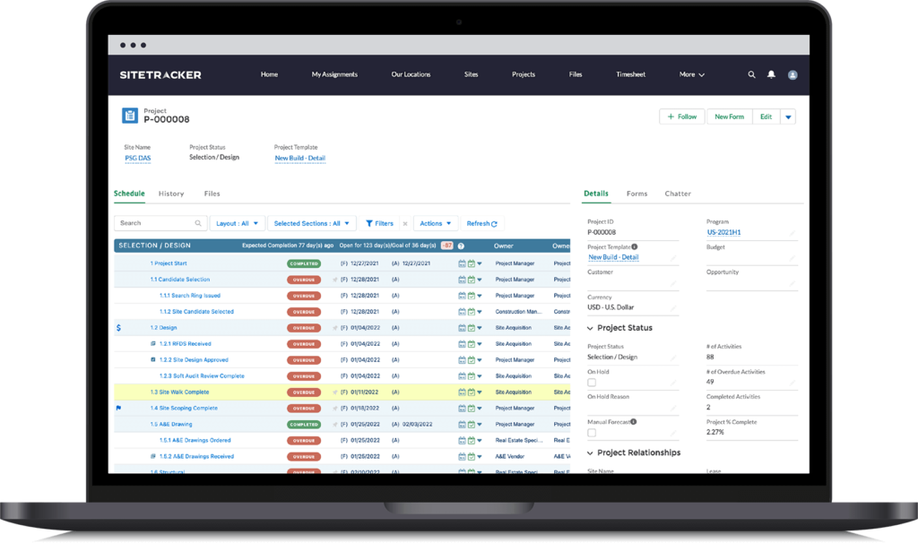 Sitetracker project schedule on a laptop