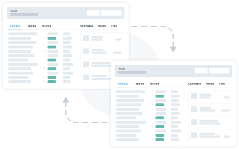 2 software dashboard mockups with arrows pointing from one to another