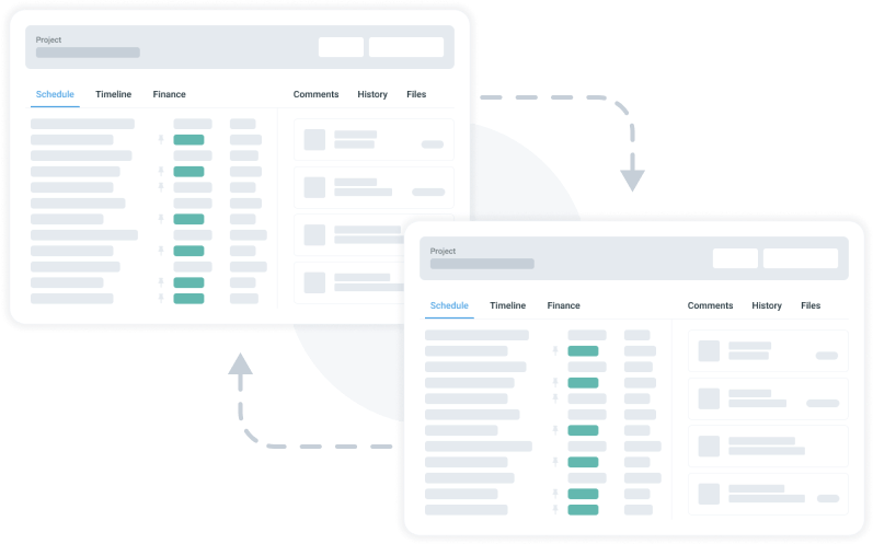 Software mockup of two interconnected Sitetracker dashboards