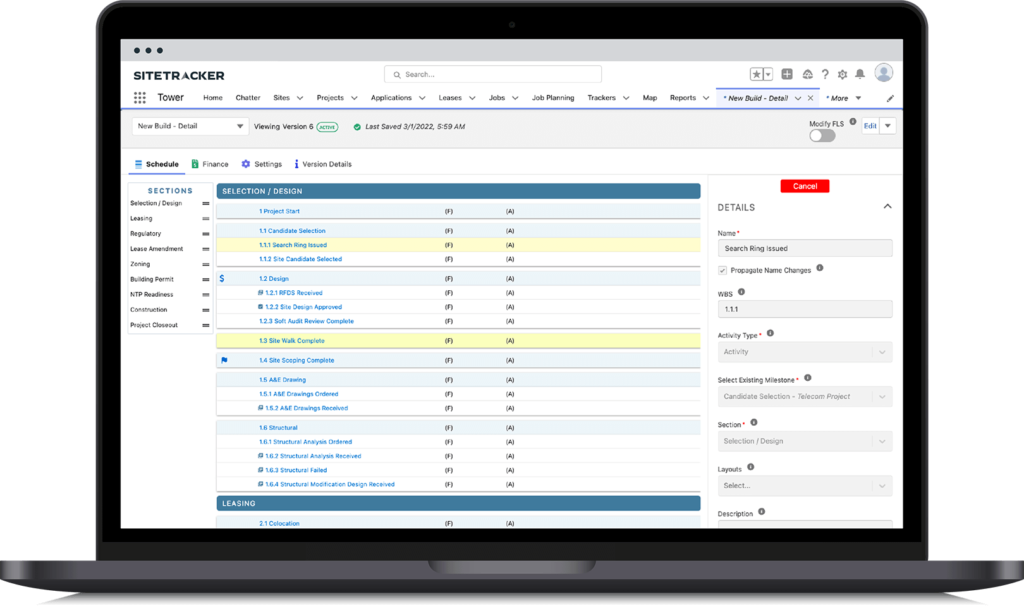 Sitetracker screenshot on a laptop of a new build in a tower project