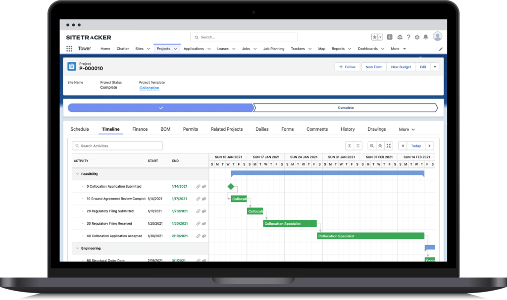 Sitetracker project timeline screenshot on a laptop