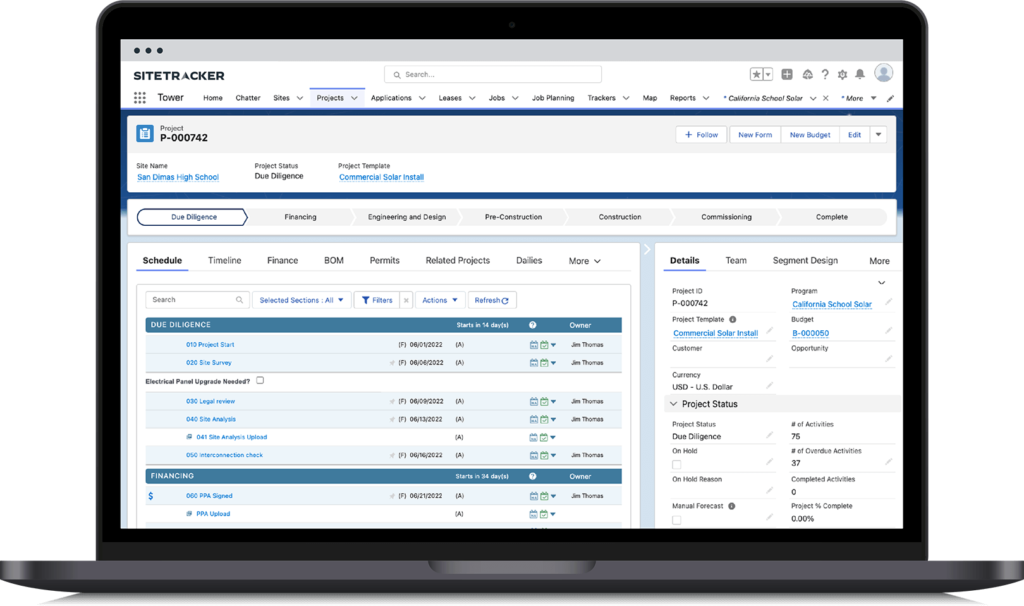 project management tools in the Sitetracker platform