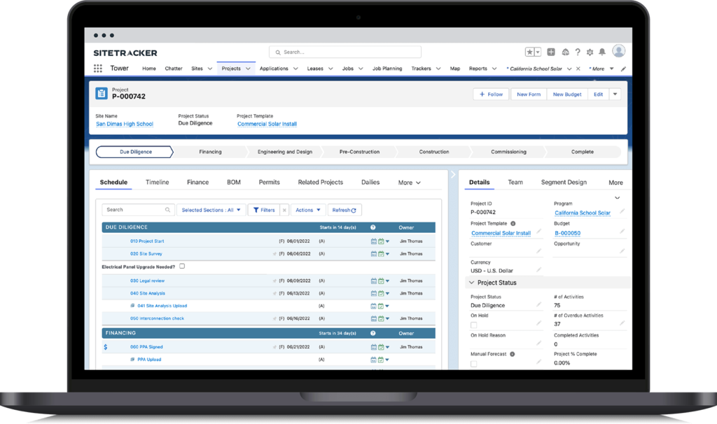 Sitetracker screenshot on a laptop of a tower project schedule