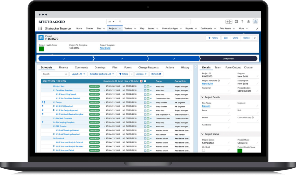 Sitetracker screenshot on a laptop of a tower project