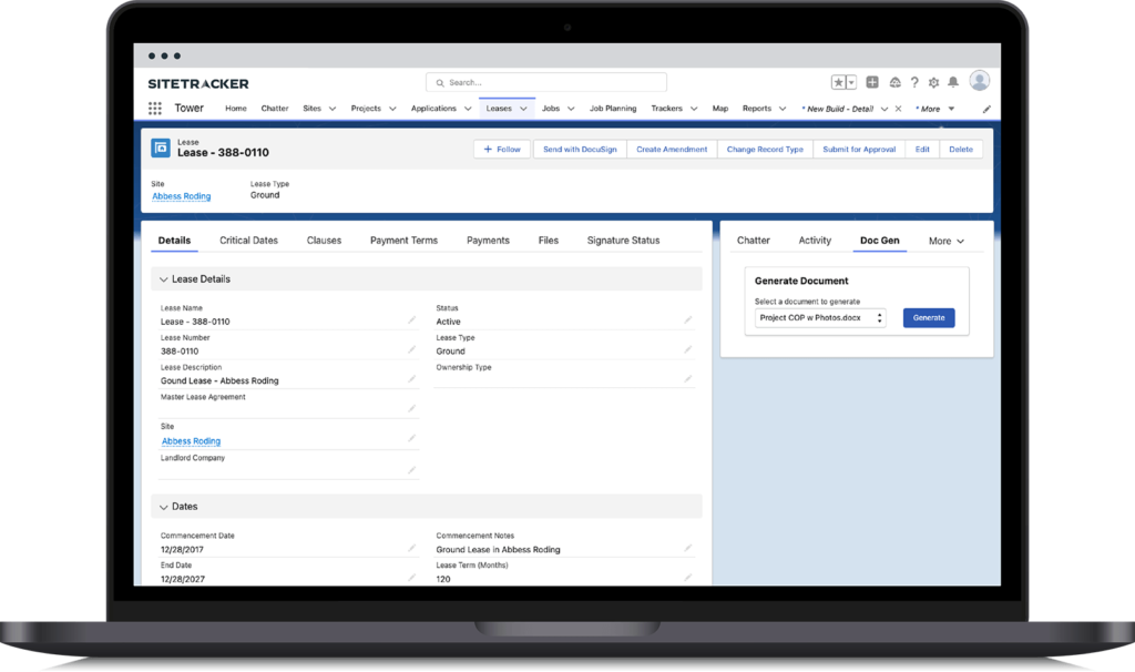 Sitetracker lease management tools screenshot