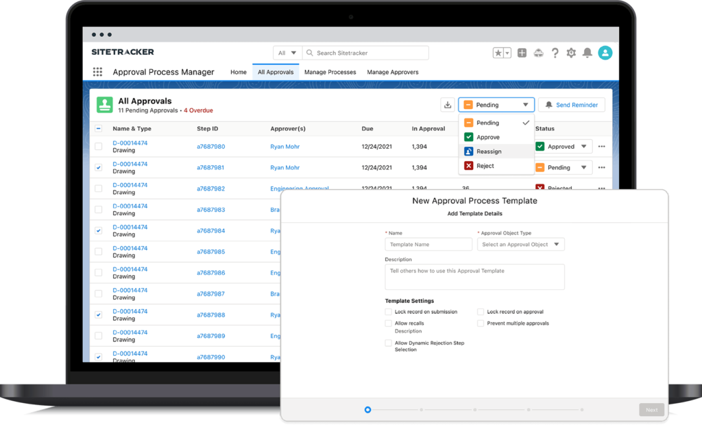 Sitetracker screenshot on a laptop of the approval process manager