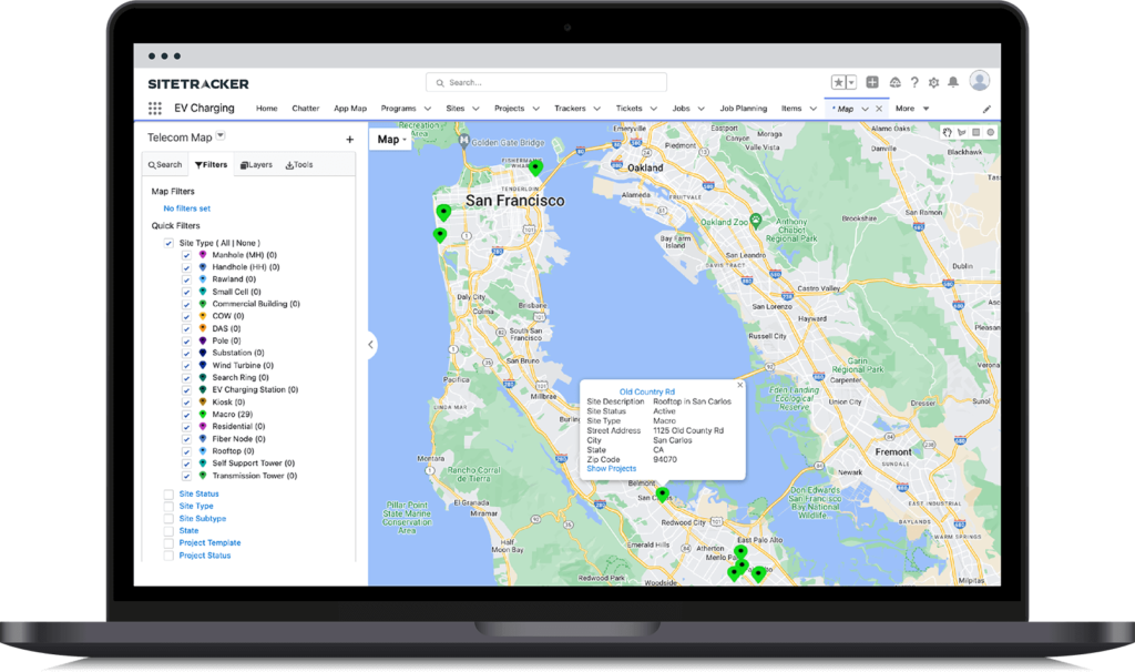 Sitetracker screenshot on a laptop of a telecom map
