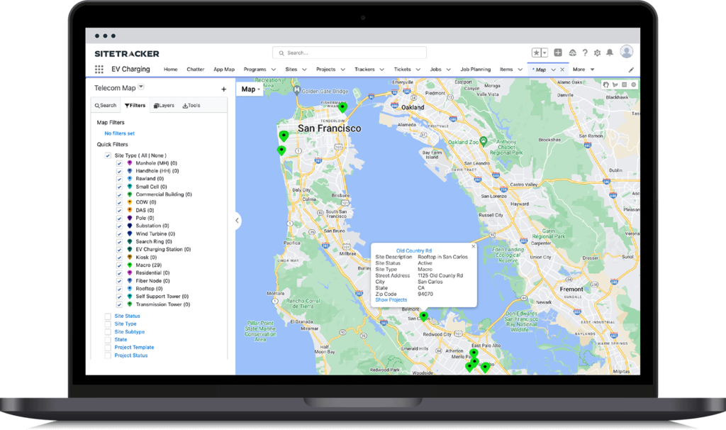 Sitetracker Telecom map on a laptop