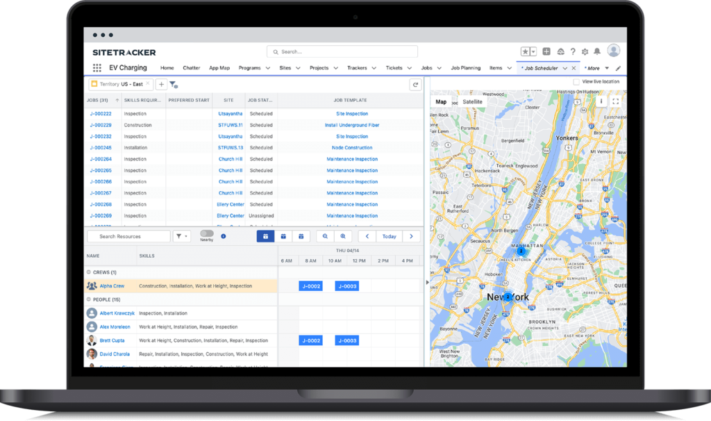 Sitetracker screenshot on a laptop of an EV charging job scheduler 