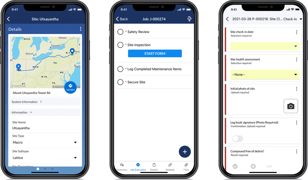 Sitetracker screenshot on 3 adjacent mobile phones showing a site, job, and site check-in