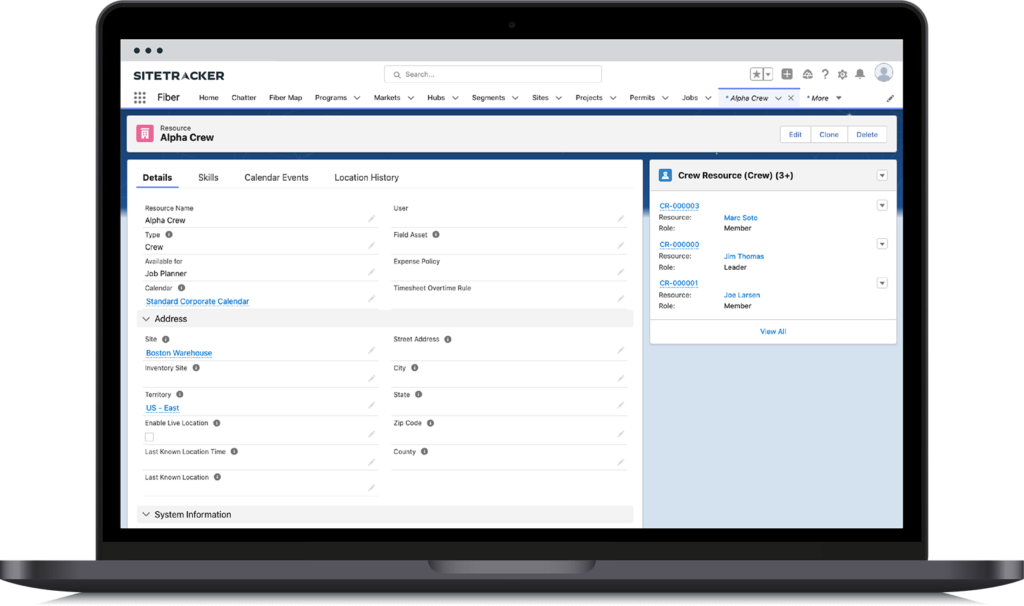 Sitetracker screenshot on a laptop of a fiber crew