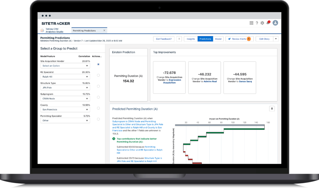 Sitetracker screenshot on a laptop of permitting predictions