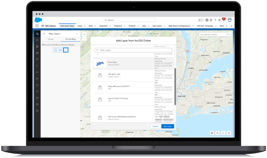 Sitetracker software screenshot on a laptop screen showing ArcGIS Sync