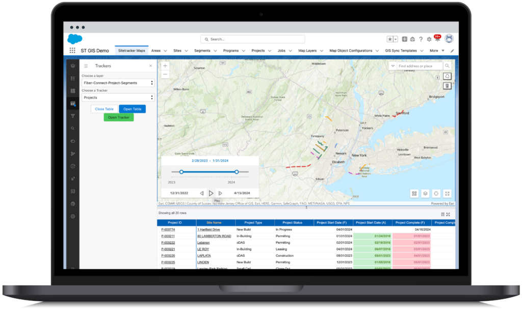 Sitetracker software screenshot on a laptop screen showing embedded trackers