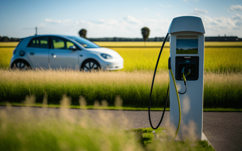 A white EV charger in the foreground and a small electric vehicle in a field in the background