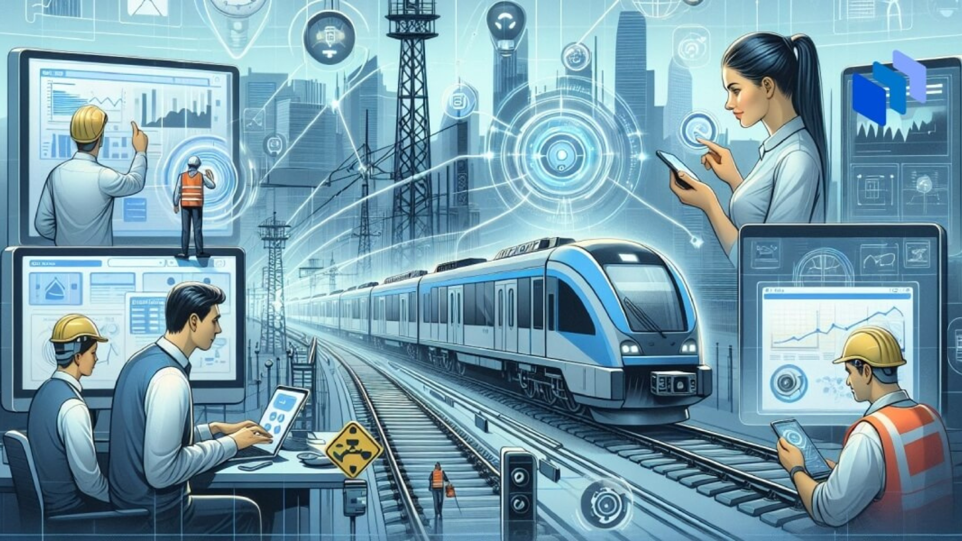 a digital illustration of a railway system connected to IoT