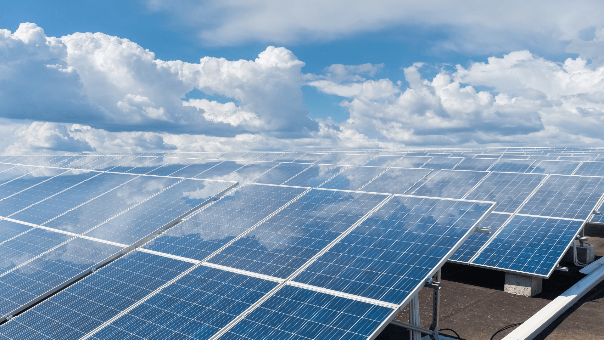 a field of solar panels below a blue sky with white clouds