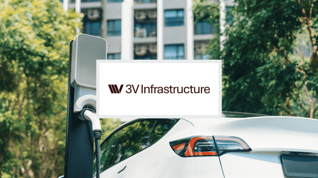3V Infrastructure logo over an image of a white EV charging