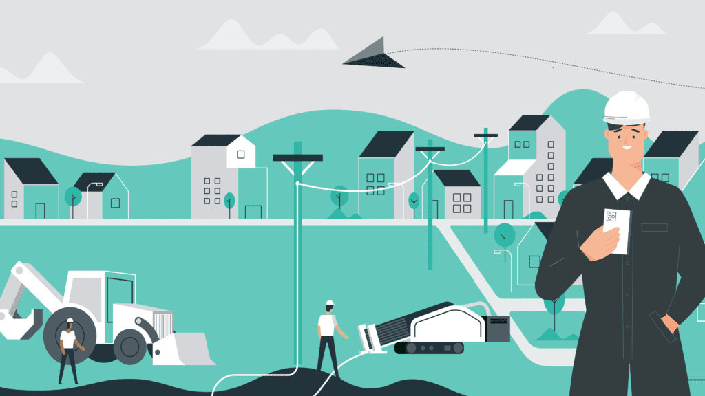 an illustrated graphic showing fiber construction in a residential neighborhood