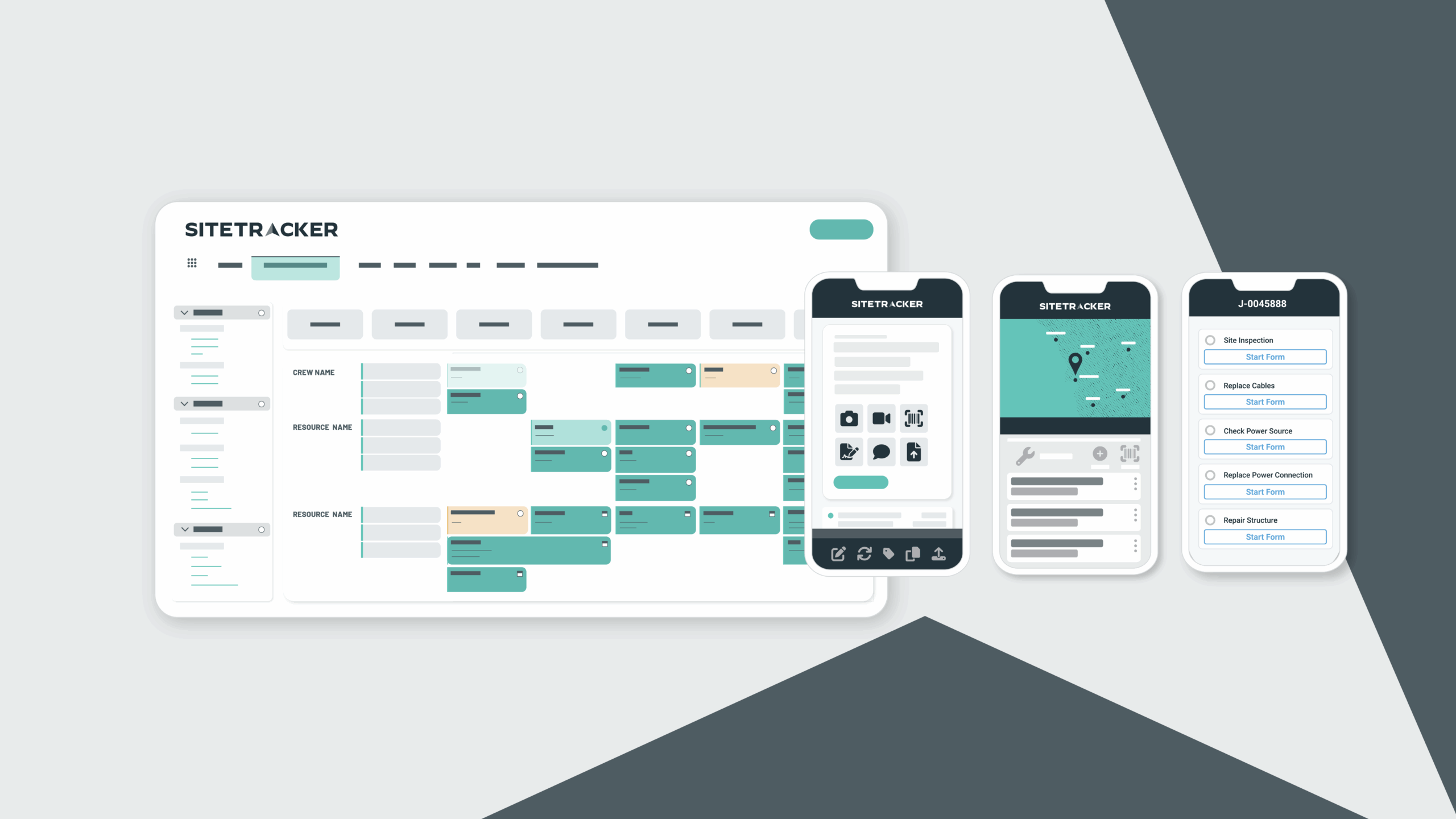 an illustrated graphic showing a desktop mockup and 3 mobile mockups of Sitetracker O&M software with a light background