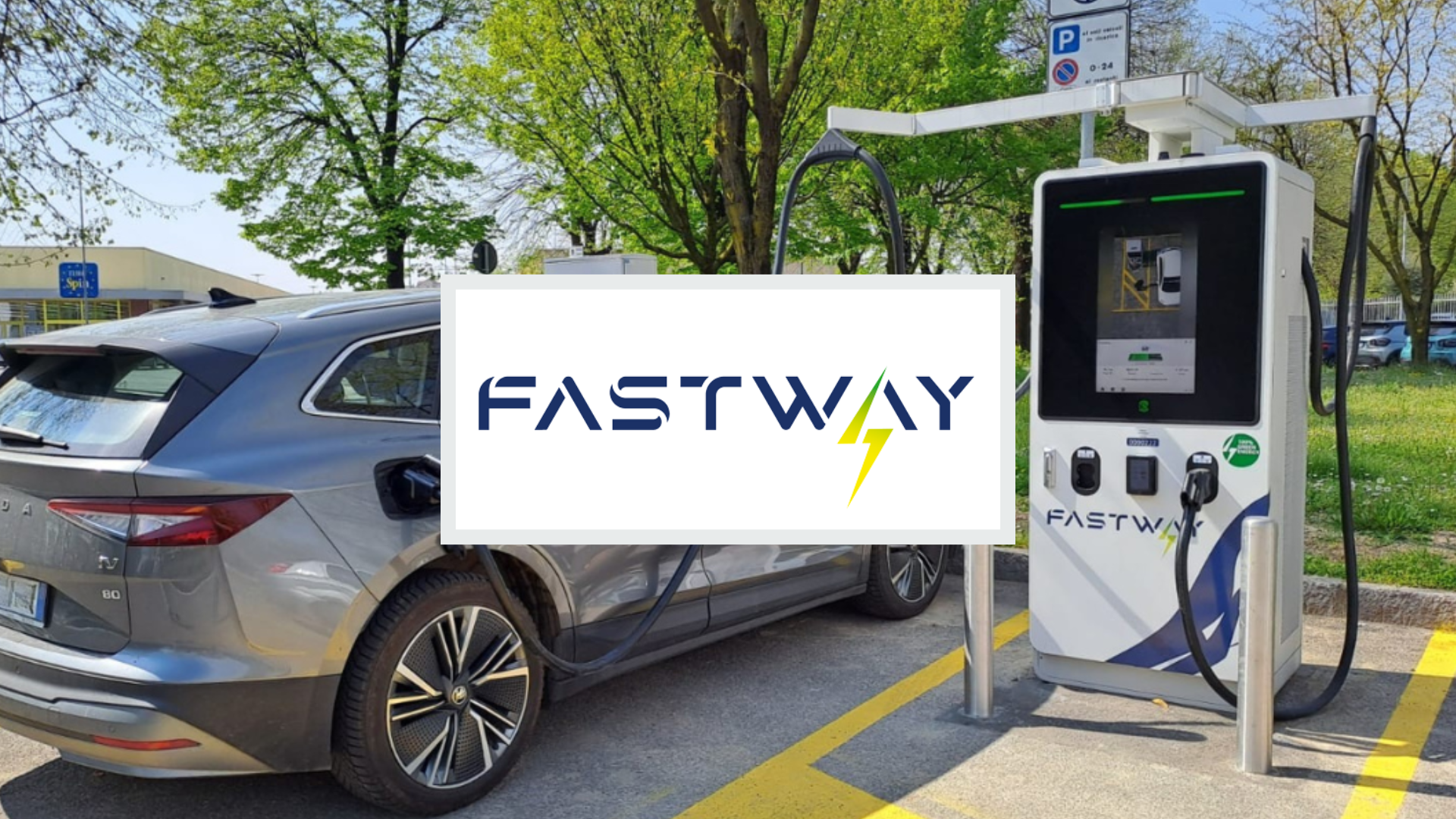 FastWay logo over a photo of a FastWay EV charger