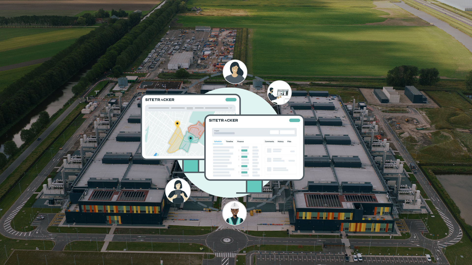 a Sitetracker graphic overlaid on an arial view of a data center