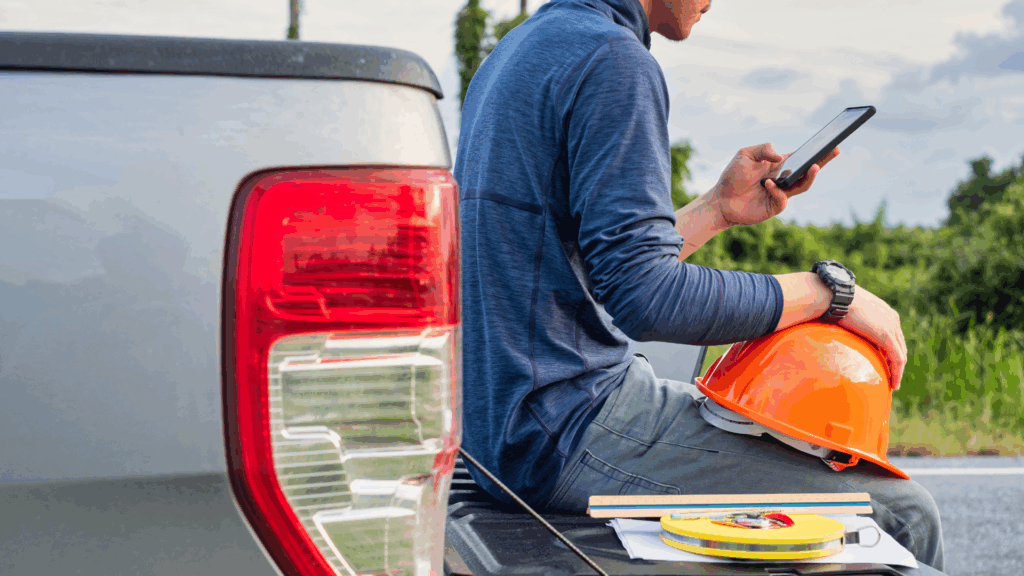 A field technician sitting on the tailgate of a truck, holding a tablet and a safety helmet, with measuring tools and paperwork beside him