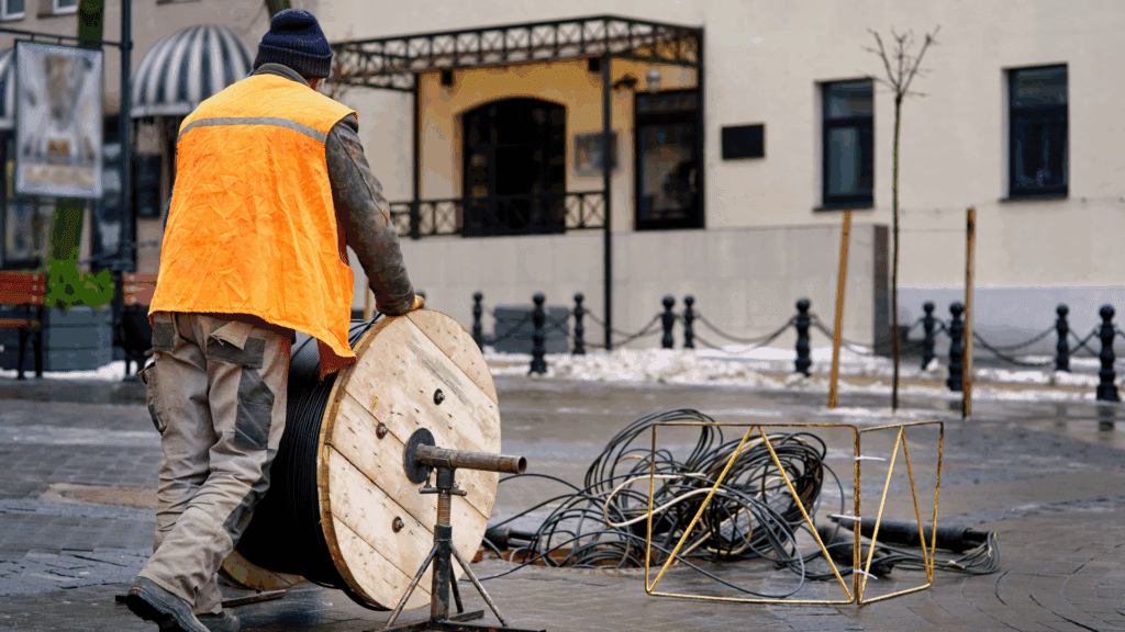 A construction worker in an orange safety vest unrolling a large wooden spool of fiber-optic cable on a city street, with tools and cable scattered nearby