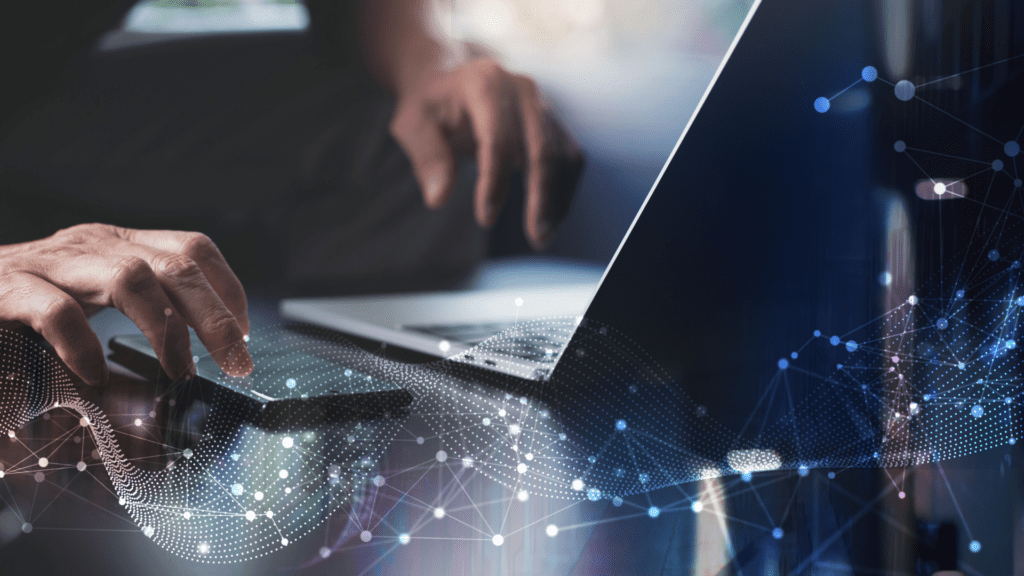Close-up of hands using a laptop, overlaid with abstract digital network lines and data points, representing technology, data connectivity, and digital transformation.