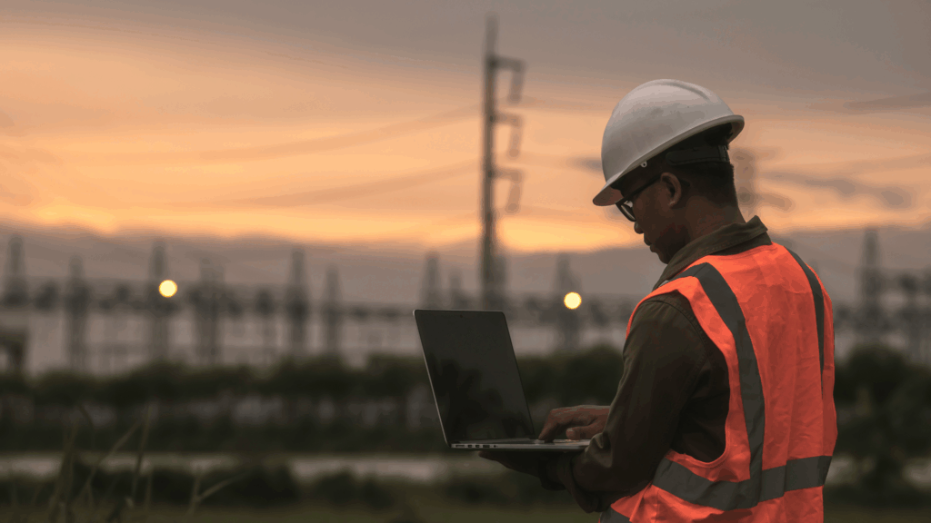 An electrical worker in a hard hat and reflective orange vest uses a laptop outdoors at sunset, with power infrastructure and transmission lines visible in the background