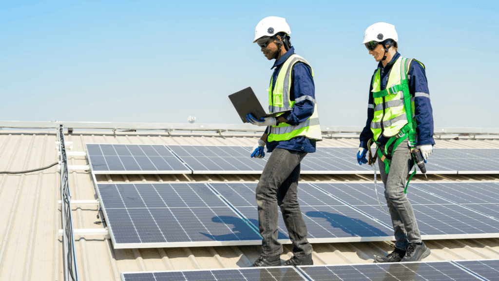 Two solar technicians wearing safety helmets and high-visibility vests walk on a rooftop covered with solar panels. One technician holds a laptop while the other carries tools, both inspecting the solar installation under a clear blue sky
