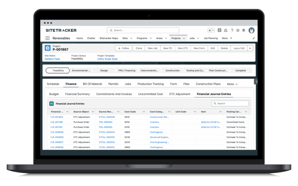 Sitetracker financial management software screenshot on a laptop