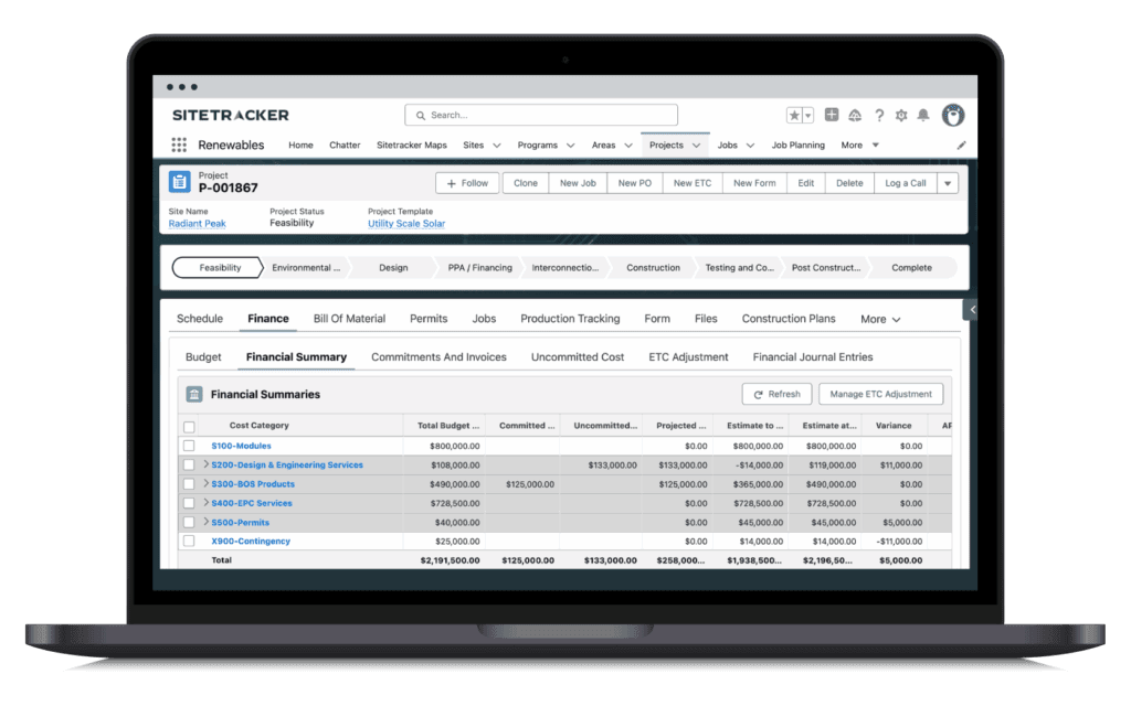 Sitetracker financial management software screenshot on a laptop