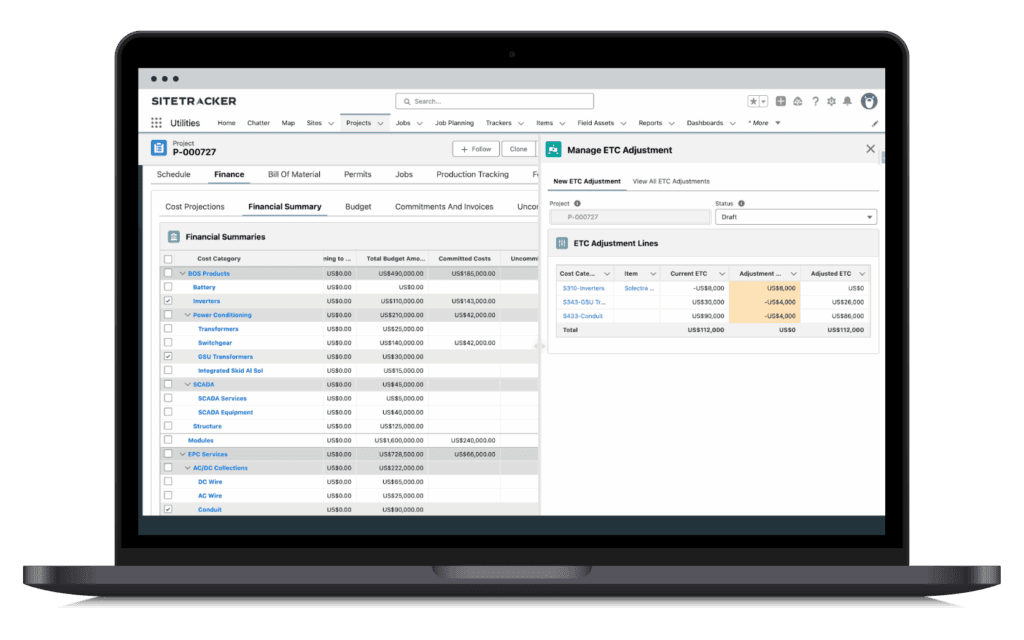 Sitetracker financial management software screenshot on a laptop