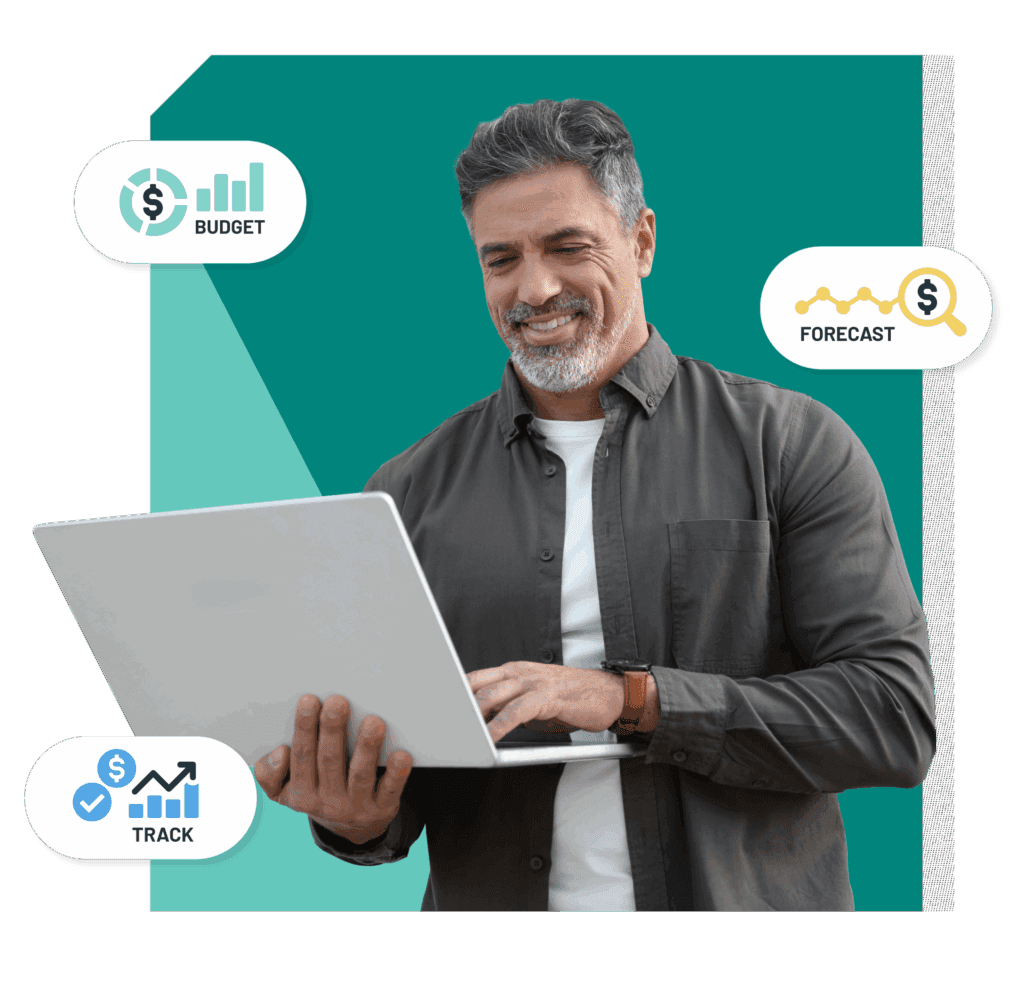 A man smiling while using a laptop, surrounded by icons for budgeting, forecasting, and financial tracking on a teal graphic background