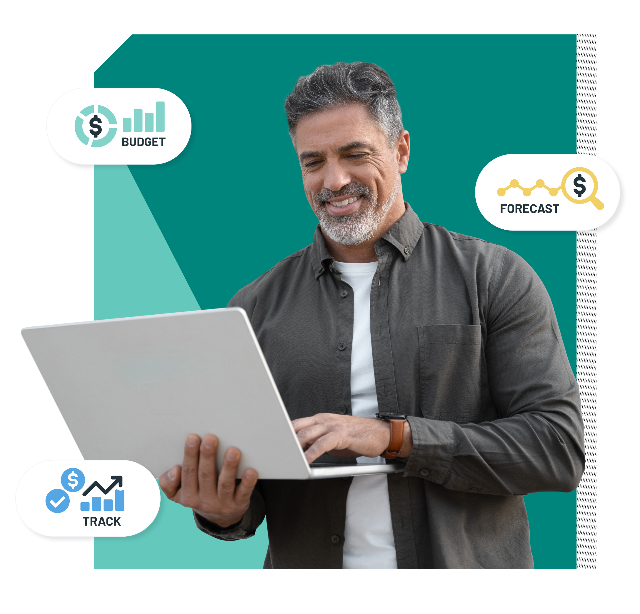 A man smiling while using a laptop, surrounded by icons for budgeting, forecasting, and financial tracking on a teal graphic background