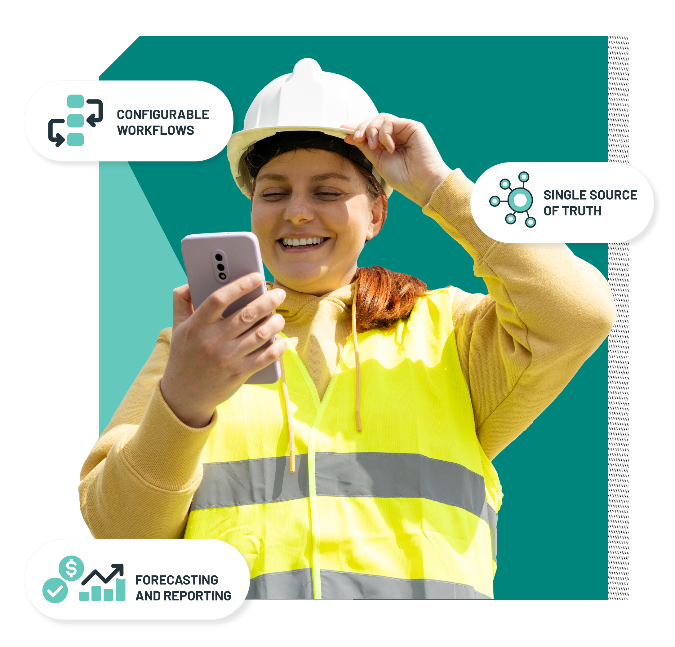 Utility worker wearing safety gear using a mobile phone, representing digital workflows for battery energy storage projects