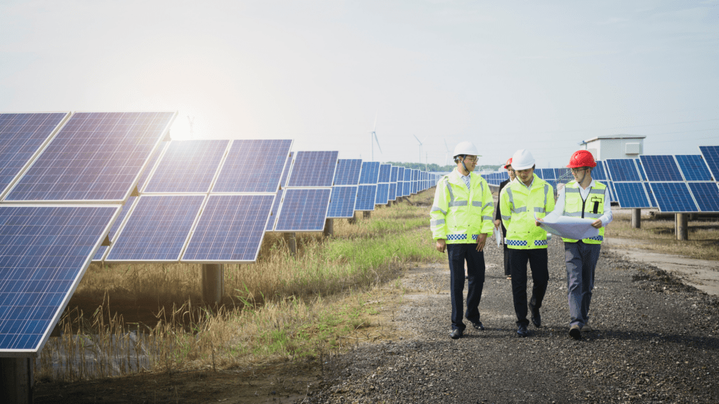 Asian engineers survey a solar panel field