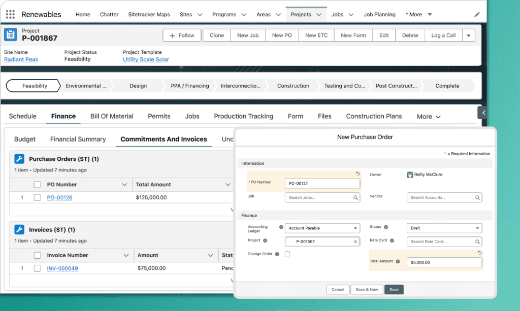 Financial management software screenshot of a purchase order