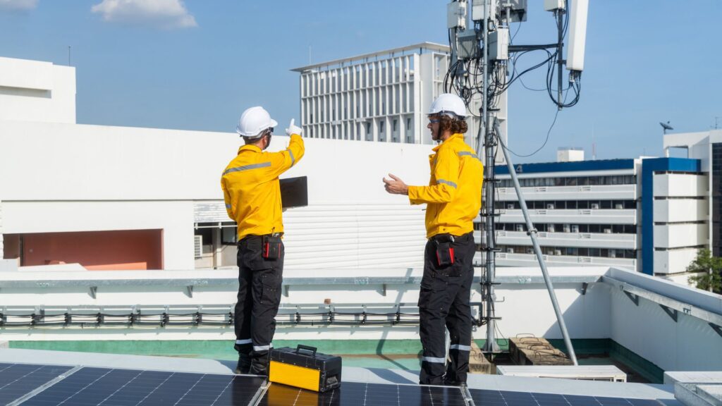 Two technicians in yellow safety jackets and white hard hats stand on a rooftop near telecom antenna equipment and solar panels, with one pointing toward nearby buildings in the background
