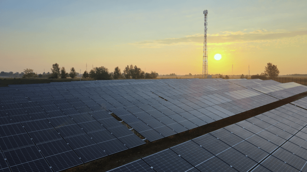 Solar panel farm at sunrise, with rows of photovoltaic panels stretching across a flat landscape and a tall communication tower in the background